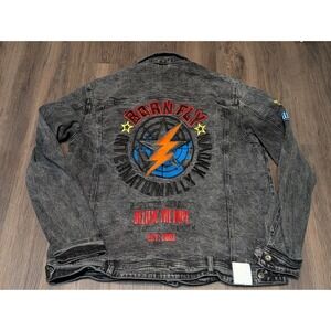 Born Fly Denim Jacket Acid Wash Patches Graphic Streetwear Jean Jacket‎ 2XL